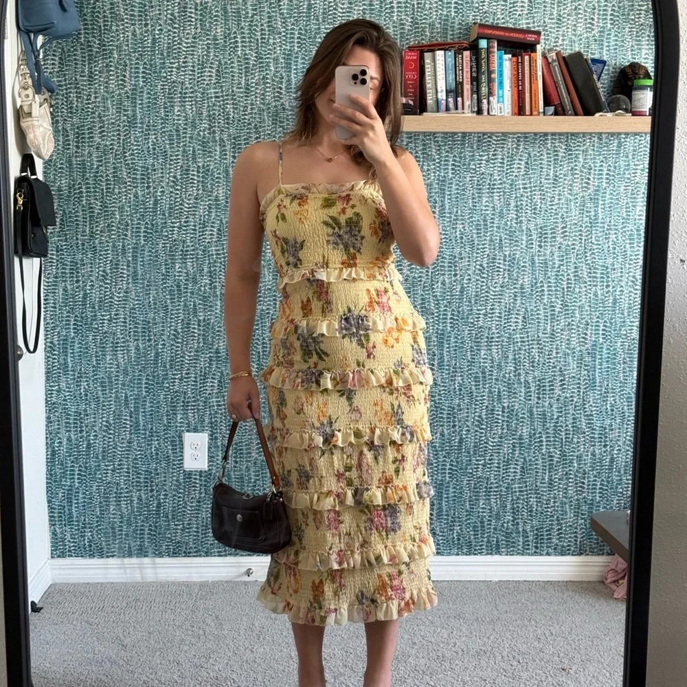 Let me Be Anthropologie Yellow Floral Ruffled Midi Dress - Picture 5 of 6